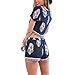 Eshion Vintage Style Women 2 Pcs Leaf Pattern Bohemian Crop Tops+Shorts Set (Small, Navy Blue)