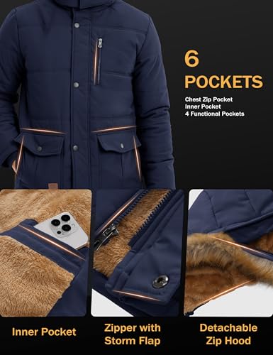 MAGCOMSEN Herren Fleece Parka Gefüttert Outdoor Winterjacke Winddicht Freizeitjacke Warme Daunenjacke Männer Fahrrad Arbeitsjacke Dick Wandern Mantel mit Abnehmbar Kapuze Dunkelblau L