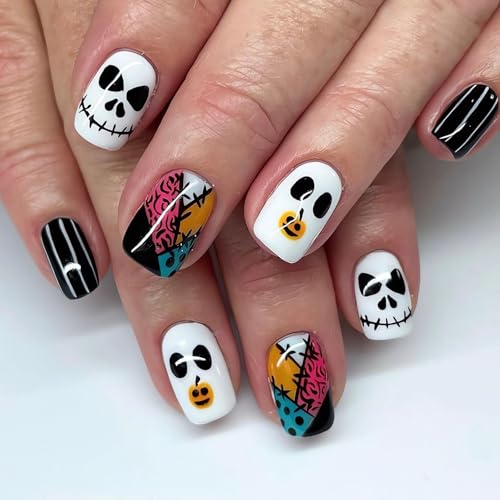 OHWODA Halloween Short Square Press on Nails White Black Fake Nails with Pumpkin Skull Stripe Designs Glossy Halloween Glue on Nails Short Halloween Stick on Nails Short Artificial Nails for Women