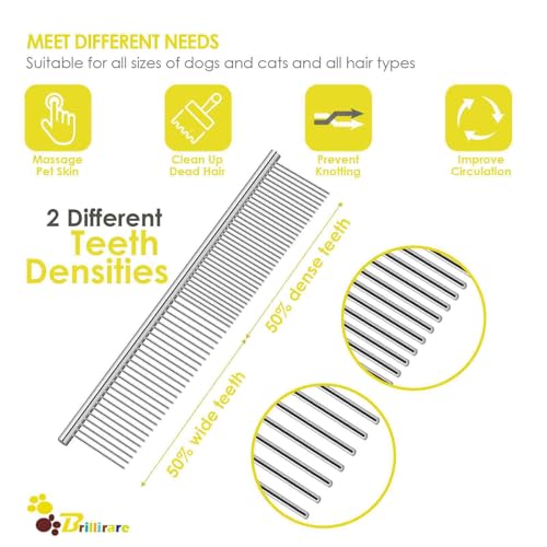 BRILLIRARE Dog Grooming Comb Pet, Stainless Steel Cat Combs with Rounded Teeth, Professional Metal Tear Stain Remover, Dematting Tool for Small, Medium & Large Pets-7.5in