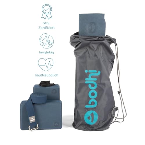 Bodhi Yoga Starter-Set Komplett | Rutschfeste Yogamatte aus TPE inkl. 2 Yogablöcken aus Eva (Moosgummi) und 1 Yogagurt aus Baumwolle | Einsteiger-Set für Yoga-Anfänger | dunkelblau/hellblau