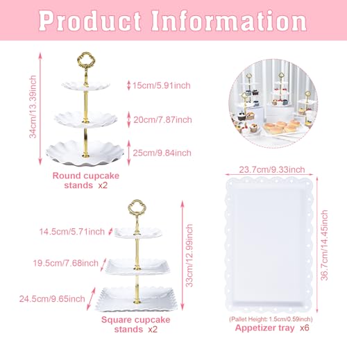 Dessert Table Display,10Pcs Cake Stand Set,4 Pcs 3 Tiered Cupcake Stands and 6 Pcs Dessert Trays Serving Trays for Party Baby Shower Wedding Tea Party - Image 4