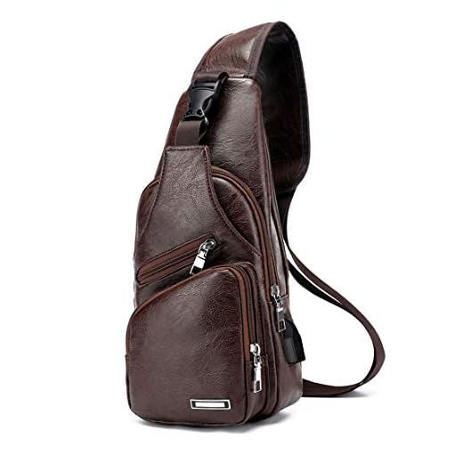 Lucien Hanna Bolsa tiracolo masculina, mochila de ombro de couro executivo, bolsa transversal de viagem com porta de carregamento USB, Marrom escuro, One Size, Clássico