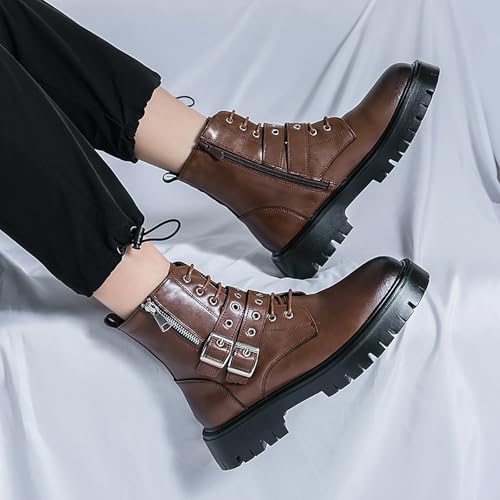 Image of Men's Black Leather Platform Ankle Boots Lace up Side Zip Adjustable Buckle Lug sole Non-Slip Combat Booties Fashion Punk Motorcycle Boots