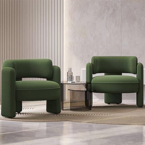 Image of BELLEZE Sherpa Boucle Chair Set of 2, Modern Barrel Accent Chair Comfy Round Upholstered Armchair Accent Side Chair for Living Room, Bedrooms, Corner - Quinton (Green)