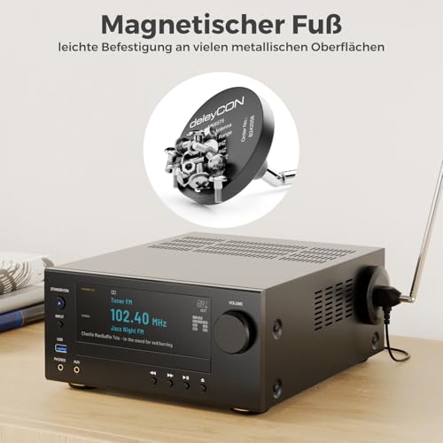 deleyCON DAB+ UKW FM Radioantenne für Stereoanlage Inkl Adapter - Digitale Antenne mit Magnetfuß 3,0m Kabel für 75 Ohm - für DAB FM Radio Tuner Stereo Verstärker, AV-Receiver, HiFi