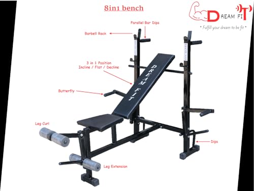 Image of DREAM FIT PVC Home Gym Set - 80 Kg with 8in1 Gym Bench, 3 ft Curling Rod, 5 ft Straight Rod, 1 Pair Dumbbell rods and Gym Accessories (80kg)