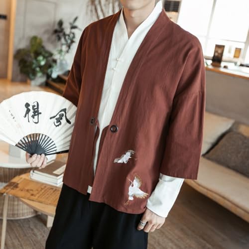 Men's Vintage Kimono Cardigan Cotton Linen Wrap Front Japanese Jinbei Haori Jacket Loose Fit Solid Color4
