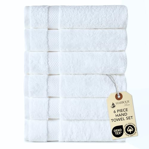 HARBOUR Loom - Harbourloom Mood Series White Hand Towel 6 Piece Set 100% Turkish Cotton Highly Absorbent Towels for Bathroom, Gym, Hotel, and Spa