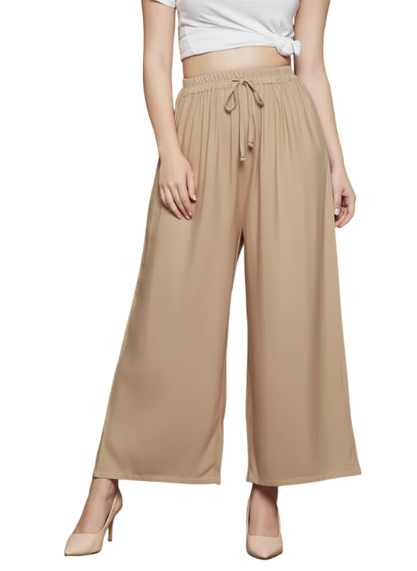 Image of Super Soft Viscose Rayon Flared Palazzo Pants for Women Stylish Wide Leg Straight Relaxed Fit Casual Ethnic Office Wear