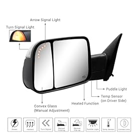 Alternative view of Towing Mirror for Dodge Ram - Replacement fit for 2009-2018 Dodge Ram 1500 2500 3500 Pickup Truck with Power Adjusted Glass Heated LED Turn Signal Light Puddle Lamp Temp Sensor Flip Up Pair Set