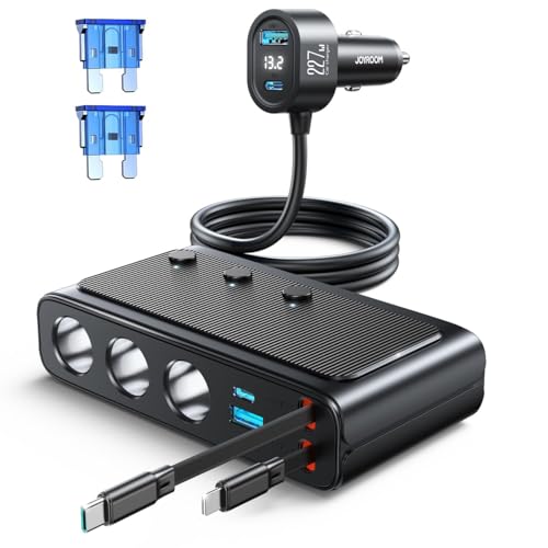 Image of 9 in 1 Cigarette Lighter Splitter, JOYROOM 227W Dual Retractable Car Charger with 45W USB C Fast Charger for iPhone 17, 12V /24V Independent Switches DC Cigarette Outlet Car Charger for All Car Devices