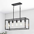 Lanhall 5-Light Kitchen Light Fixtures Black Farmhouse Chandelier Rectangular Dining Room Light Fixture Linear Pendant Lighting Hanging Lights for Kitchen Island Living Room Adjustable Height E26