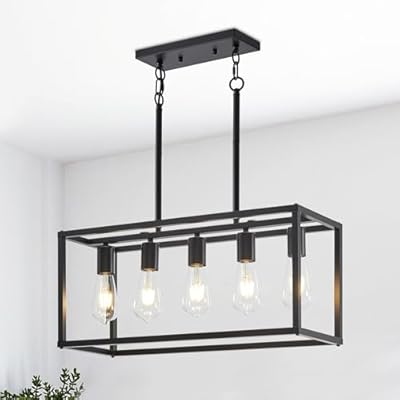 Lanhall 5-Light Kitchen Light Fixtures Black Farmhouse Chandelier Rectangular Dining Room Light Fixture Linear Pendant Lighting Hanging Lights for Kitchen Island Living Room Adjustable Height E26