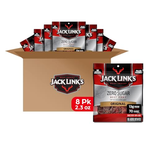 Jack Link's Beef Jerky, Original, Zero Sugar - Flavorful Meat Snacks, Ready to Eat Protein Snacks with 13g of Protein per Serving, Made with 100% Beef, Keto, Paleo Diet Friendly - 2.3 Oz. (Pack of 8)