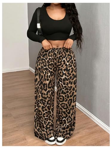 Floerns Women's Street Cheetah Print Baggy Pants Drawstring Wide Leg Elastic Waist Loose Long Trousers4