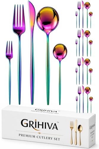 Image of 25 Pcs Rainbow Cutlery Set for Dining Table the Perfect Lightweight Silim Handle Tableware Including Dinner Spoon, Dinner Fork, Dinner Knife, Dessert Spoon & Dessert Fork