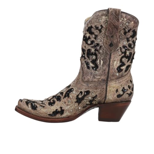 Image of CORRAL Women's Snip Toe Wedding Embroidered Glitter Inlay and Crystals Handcrafted Pull-On Leather Over-the-Ankle Cowboy /Cowgirl Boots