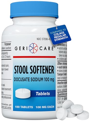 GeriCare Docusate Sodium Stool Softeners, Best Stool Softener for Daily use for Women, Men, and Elderly - Ideal for Constipation Relief 100mg Crushable Tablets. (100 Count) Made in The USA.
