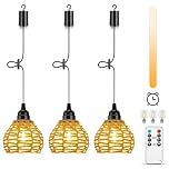 Lightess 3 Hanging Lights Battery Operated Pendant Ceiling Light Outdoor Chandelier Indoor Dimmable Battery Operated Light Bulb Portable Rattan Lamp IP44 with Remote Control Timer for Porch Backyard