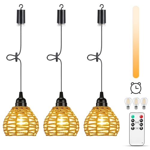 Lightsjoy Lampada a Sospensione a Batteria, 3 Lampadario Rattan da Esterno Con Telecomando, Regolabile, Timer, IP65 Impermeabile Per Interni Gazebo Giardino Campeggio pranzo