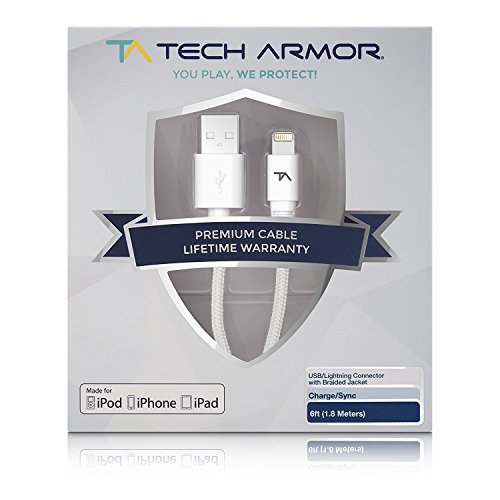 Tech Armor Apple Mfi Certified Lightning Cable To Usb A - 6Ft White - Tough-Braided Extra-Strong Jacket - Sync/Charge Iphone & Ipad #TOP1