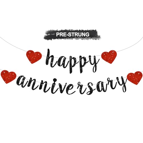 BEISHIDA Glitter Pre-Strung Black Red Happy Anniversary Banner Decoration