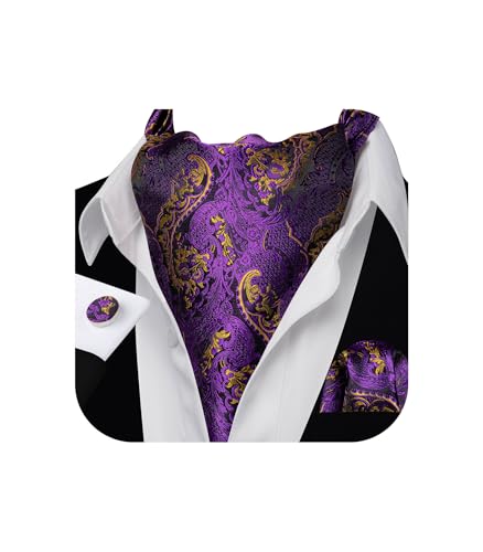 Image of Barry.Wang Ascot Ties Cravat Tie Men Paisley Plaid Scarf Self Tie Pocket Square Cufflinks Set Wedding Party