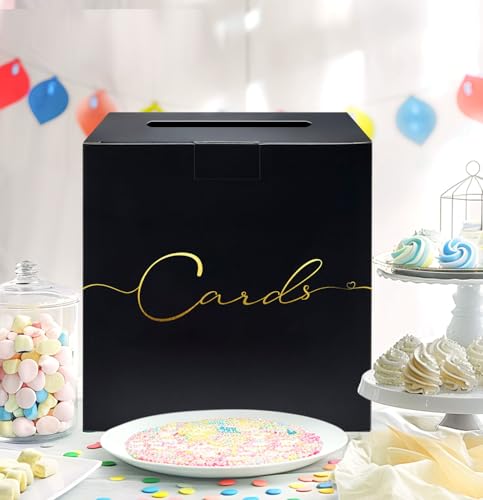 Image of HEIPINIUYE Large Card Box for Party 9.8 inch x 9.8 inch Black Gift Card Box Holder with Gold Foil Design for Wedding Birthday Baby Shower Retirement Graduation Party Raffle Box