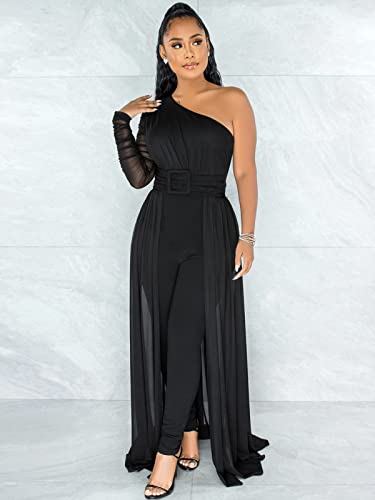 Chicyes Women's One Shoulder Jumpsuits Sexy Elegant Formal High Waist Overlay Bodycon One Piece Rompers Black #TOP2