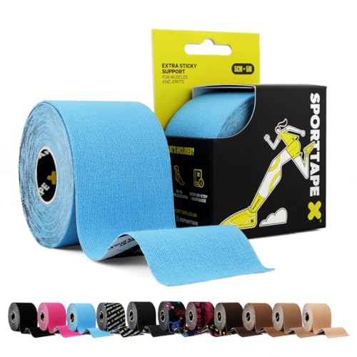 SPORTTAPE Bande kinésiologique - Bleu - 5 cm x 5 m | Bande de kiné et strapping sportif pour genou, épaule, cheville, dos | Étanche, hypoallergénique, soutien musculaire et articulaire