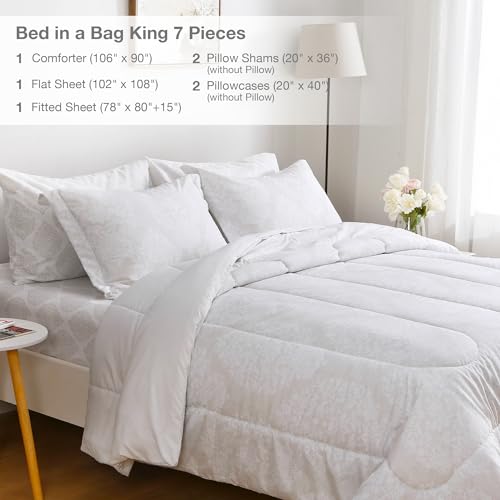 Image of lasoftan Floral King Comforter Set with Sheets, 7 Piece Luxury Vintage Bedding, Soft Microfiber Bed in a Bag, Cozy Lightweight Bed Set, Light Gold Leaf Flower