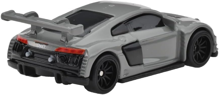 Bagside view of the grey Hot Wheels Audi R8 LMS die-cast car.