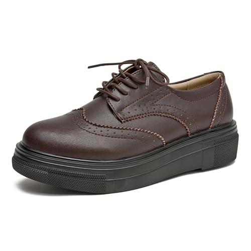 DADAWEN Femme Chaussures de Ville à Lacets Brogues Derbies Mocassins en Cuir Casual Mode Antidérapantes Marron Foncé Mat 41