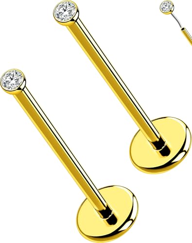 OUFER 20G Gold Titanium Labret Stud for Lip, Nose, Tragus, Lobe – Threadless Flat Back Piercing Jewelry with 1.5mm CZ – G23 Implant Grade, 10mm Post, Healing Room & Subtle Sparkle