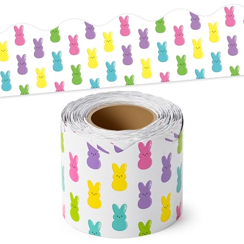 BeYumi Easter Bunny Border Trim - 65ft Easter Candy Bunny Rolled Border Trim Spring Colorful Candy Rabbits Bulletin Board Set School Classroom Office Home Door Springtime Party Chalkboard Wall Decor