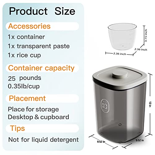 LivLab 25 lbs Rice Dispenser,10.5 Qt/10 L/22-25 lbs Rice Container Storage with Measuring Cup & Brush Food Cereal Container Bins Household for Kitchen Pantry Organization (AY-10KG-GREY)