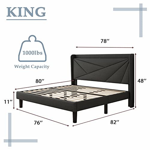 Feonase King Size Bed Frame With Type-C & Usb Ports, Upholstered Platform Bed Frame With Wingback Storage Headboard, Solid Wood Slats Support, No Box Spring Needed, Noise-Free, Dark Gray #TOP1