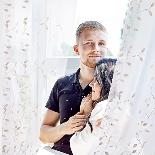 Deconovo Sheer Curtains Extra Long 108 Inches Long 2 Panels, Floral Beige Leaves Embroidered White Sheer Window Drapes For Sliding Glass Door Half Windows, 52X108 Inch, Beige #TOP6