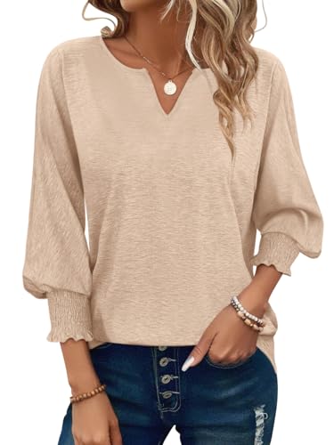 PGANDS Women's 3/4 Sleeve V Neck T Shirts Ruffle Sleeve Summer Casual Tops