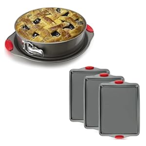 Boxiki Kitchen Deluxe Baking Combo: 10 Inch Nonstick Springform Pan and 3-Piece Nonstick Baking Sheet Tray Set – Professional Bakeware with Silicone Handles