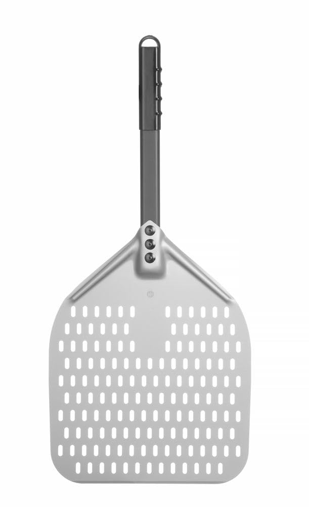 HENDI Pizzaschaufel, eckig, perforiert, kurzer Griff, Pizzaschieber, Brotschieber, 660x305mm, besonders haltbares eloxiertes Aluminium