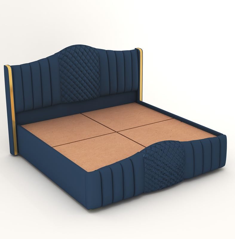 Image of King Size Modern Upholstered Bed with Box Storage For Bedroom | Solid Wood Platform Bed with Premium Fabric Headboard | Storage Double Bed for Master Bedroom & Modern Home Decor | Navy Blue
