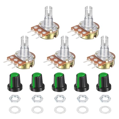 Image of sourcing map 5 Set WH148 50K Potentiometer Kit, Ohm Variable Resistor Linear Taper Adjustable Rotary Potentiometer for Audio Applications Devices with Plastic Knobs Nuts and Washers, Green