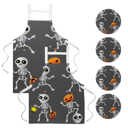 Tablier de cuisine à motif squelette joyeux avec 4 broches décoratives