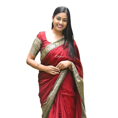 Image of Narayanpet Pure Cotton Avani Border Saree for Women with Running Blouse | Tassels | Traditional Woven Solid Design | Handloom Weave