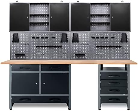 Werkstatt-Komplettset 240cm Mit LED, Bluetooth Lautsprechern & Steckdosen - Werkbank Mit Lochwand