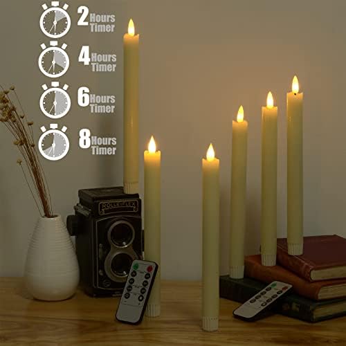 Ymenow Battery Tapered Candles with Remote Timer, 6 Packs 24.5cm Ivory Real Wax LED Flameless Fake Window Candles Flickering with 3D Wick Lights for Christmas Table Home Room Window Decorations