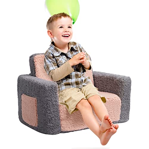 Alimorden 2-In-1 Flip Out Cuddly Sherpa Kids Couch, Convertible Sofa To Lounger, Grey And Pink #TOP3