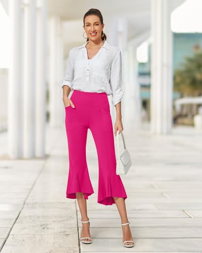 Image of G4Free Capri Pants for Women Stretch Yoga Dress Pants with Pockets Ruffle Bell Bottom Athletic Work Leggings